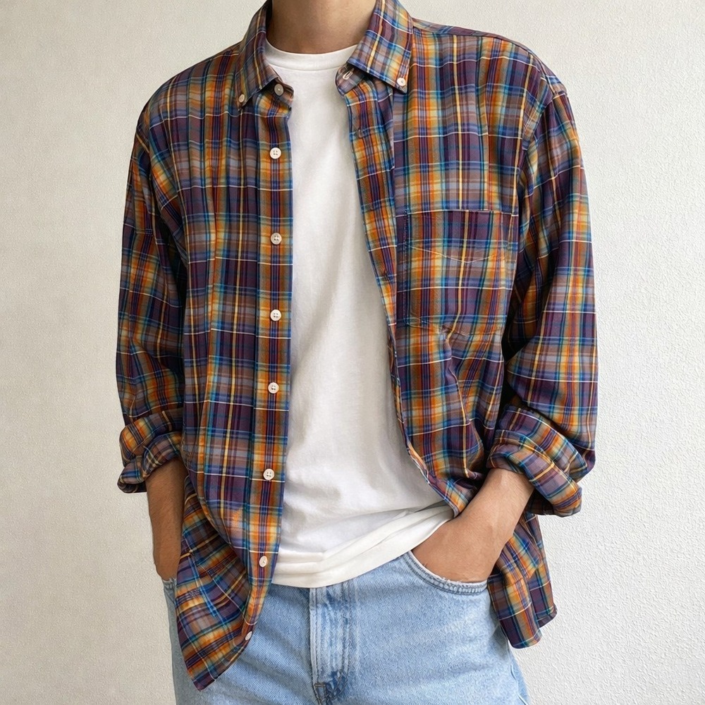 Alan Flusser‎ Men's Plaid Button Down Shirt Cotton Preppy 90s Style Size XL